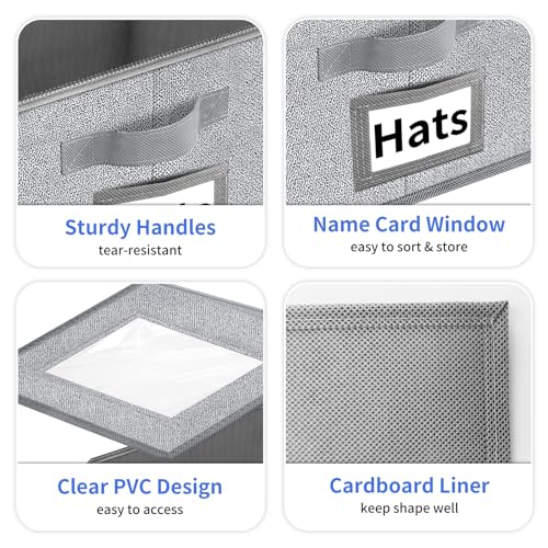 Aokeyee Hat Organizer for Baseball Caps - 2PCS Stackable Storage with Clear Window Lid, Flip-Top Access, Space-Saving Hat Box for Closet, Breathable Fabric (Grey)
