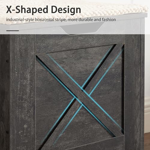 VECELO 17.7" Storage Bench, Entryway Shoe Ottoman, Farmhouse Style Bench with Handwoven Cushion and Metal Safety Hinges, for Bedroom, Living Room, Entryway, Gray - color: Grey, size: 17.7"W