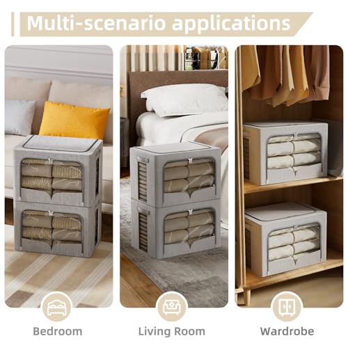 FHSQX 3 Pack Clothes Storage Bins - Foldable Metal Frame Storage Box - Stackable Linen Fabric Container Organizer Set with Carrying Handles and Clear Window (Light Gray, 16.5x12.2x12.2inch(40L)) - color: Light Gray, size: 16.5x12.2x12.2inch(40L)