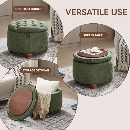 WUTUTUEE 24Inch Round Storage Ottoman with Tray, Modern Tufted Circle Coffee Table with Storage, Upholstered Ottoman with Removable Top for Living Room, Bedroom, Chenille Green - color: Chenille Green, size: 24 Inch