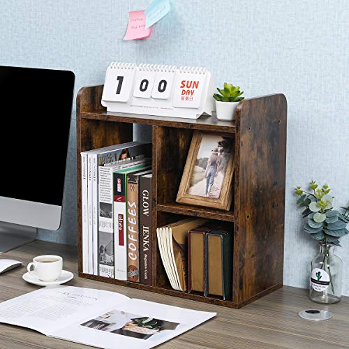 PAG Desktop Shelf Freestanding Wood Small Bookshelf Desk Supplies Organizers and Accessories Storage Display Rack Office Decor for Women, Antique Brown - color: Antique Brown, size: Style 2