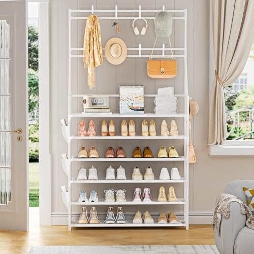 OYREL Shoe Rack 6 Tier Shoes Organizer 24-30 Pairs Shoe Racks for Closet Front Door Entrance Large Capacity Space Saving Shoe Storage Organizer with Multifunctional 5 Hooks and Side Pocket - color: White, size: 6 Tier