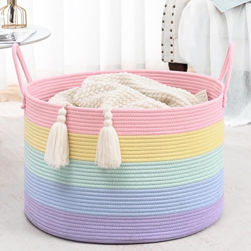 Rainbow Toy Basket, 20"x13" Extra Large Kids Toy Storage for Playroom Classroom Nursery, Woven Rope Blanket Basket with Handles, Stuffed Animal Organizer & Dog Toys Basket - color: Light Rainbow - Wide
