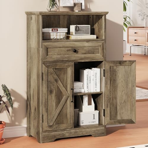 Floor Cabinet, Farmhouse Storage Cabinet with Barn Doors and Drawer, Freestanding Adjustable Shelf Organizer for Bathroom, Kitchen, Living Room Grey - color: Grey, size: 39.4"H x 23.6"W x 11.8"D