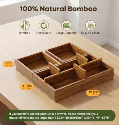 KOCWELL Bamboo Desk Drawer Organizer with Removable Dividers,Multi-Use Office Drawer Organizer Tray,Junk Drawer Organizers for Office,School,Kitchen,Makeup Supply（Carbon Brown） - color: Carbon Brown