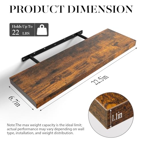 BAYKA Floating Shelves for Wall, Set of 3, 22.5 Inch Rustic Wood Wall Mounted Shelving for Bathroom, Bedroom, Living Room or Kitchen, Hanging Display Decor Book Shelf with 22 lbs, Rustic Brown - color: B. Rustic Brown - Americana Farmhouse Style, size: 22