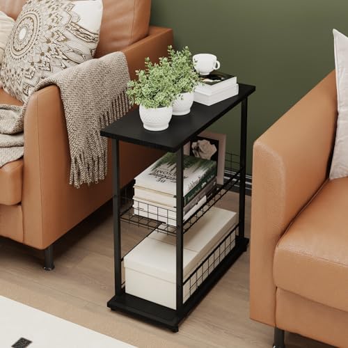 PROXRACER Side Table, 3-Tier End Table, Narrow Sofa Table Bedside Table for Living Room, Study, Bedroom, Small Nightstand with Storage Shelf and Fence,Black - color: Black, size: W/ Fence