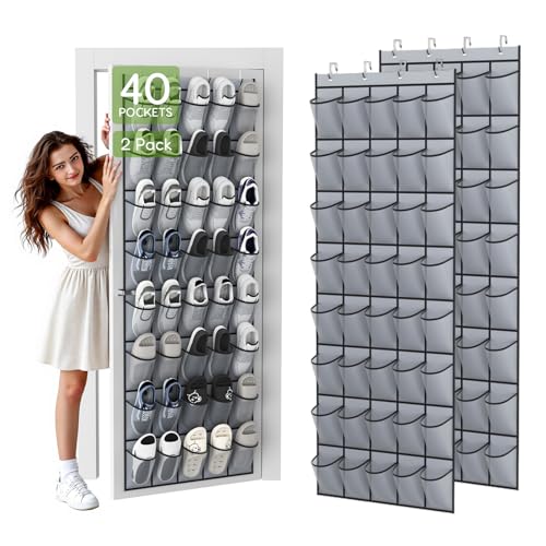 Unjumbly Over the Door Shoe Organizer with 40 Large Breathable Mesh Pockets, Space Saving Shoe Holder, Hanging Shoe Rack for Entryway Bedroom Closet Storage (Grey, 80 Pockets) - color: Grey, size: 80 Pockets