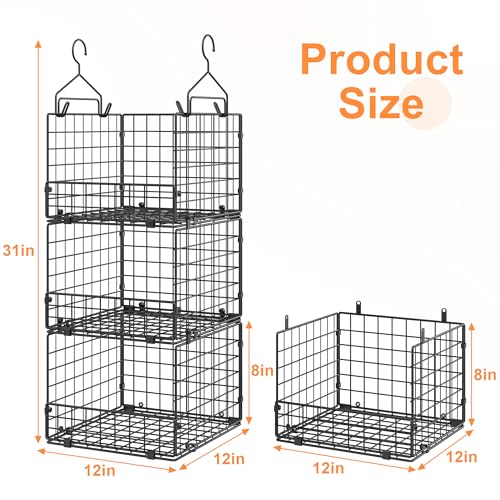 Sonyabecca 3-Tier Hanging Closet Organizer, Foldable Cabinet Wire Storage Basket Bins with 5 S Hooks, Closet Shelves & Hanging Closet Shelf for Clothing, Sweaters, Handbags, Hats