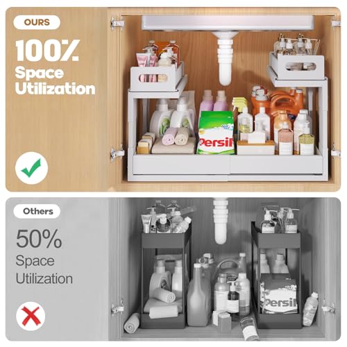 1 Pack Expandable Under Sink Organizers Storage With Upgrade Ball-Bearing Slide Tracks,2-Tier Pull Out Under Cabinet Organizer Height Adjustable,Not Suitable For Cabinets With Partitions In The Middle - color: White, size: 1 Pack-15.3"-24.2"W