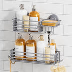 TAILI Shower Caddy Suction Cup 2 Pack with Hooks & Soap Holder, Heavy Duty Shower Organizer for Bathroom, No Drilling Bathroom Organizer with Large Capacity, Metal Storage Holder-Grey - style: 2 × Grey