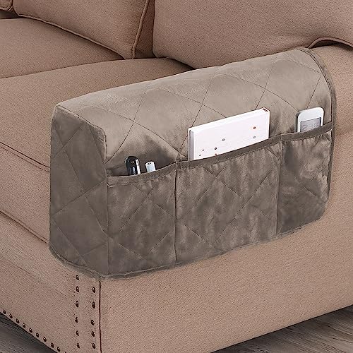 Non-Slip Sofa Armrest Protector,Thick Velvet Armrest Covers for Chairs and Sofas Couch with Side Pocket,Armrest Storage Organizer,Washable Arm Covers for Dogs，Set of 2 (Taupe) - color: Taupe