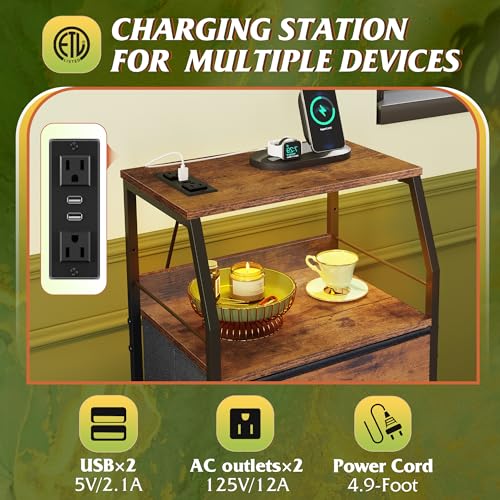 WLIVE 4 Drawer Dresser for Bedroom, 37" H Nightstand with Charging Station and Led Light, Tall Night Stand Bed Side Table, End Table with USB Ports and Outlets, Fabric Bins, Wood Shelf, Rustic Brown - color: Rustic Brown Wood Grain Print, size: 4 Drawers