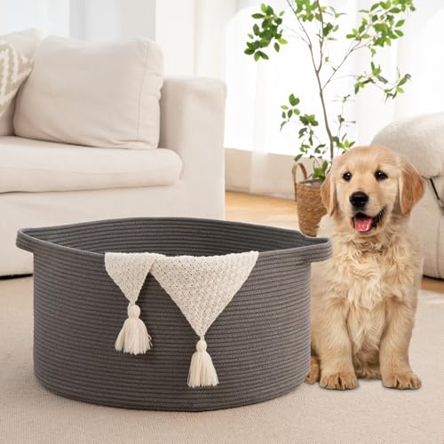 OIAHOMY 90L Blanket Basket for Living Room, Large Basket 23" x 23" x 13" with Handle, Laundry Hamper for Blankets, Pillows, Toy Storage for Kids, Dogs - Grey - color: Grey, size: 23" x 23" x 13"