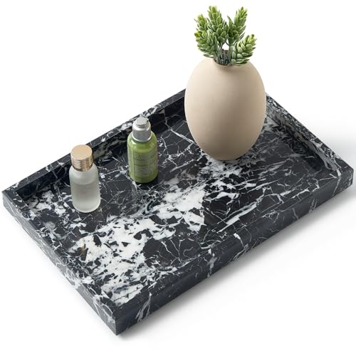 Real Natural Marble Tray for Bathroom, Vanity, Kitchen and Desktop, Rectangle Genuine Marble Stone Tray for Jewelry, Cosmetics, Candles, Lotion, Perfume and Home Decor (Black) - color: Black, size: 12" x 8" x 1.2"