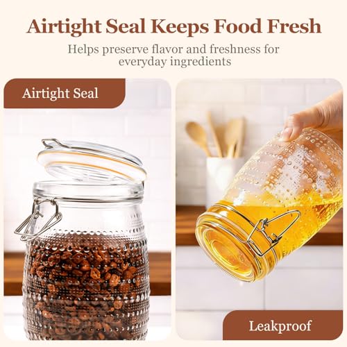 ComSaf 34oz / Set of 3 Glass Small Kitchen Canisters for Coffee Bar & Countertop,Decorative Apothecary Jars for Coffee Station,Embossed Storage Containers for Tea, Sugar, and as a Housewarming Gift - size: 34oz/3pcs