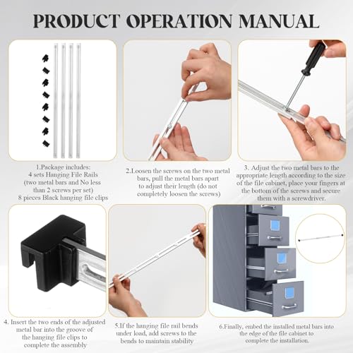 12 Pcs Metal Adjustable File Cabinet Rails Set Include 8 Hanging File Rail Clips 4 Cabinet Dividers Bars Suitable for Cabinets with Drawer Thickness Less Than 1/8 Inch(Silver,10-18 Inch) - color: Silver, size: 10-18inch