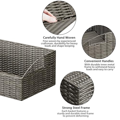 Ollieroo Rattan Storage Baskets, Handwoven Wicker Storage Bins with Built-in Handles, Storage Container Baskets for Shelves, Bedroom, Bathroom, Laundry Room or Kitchen(Grey) - color: Grey