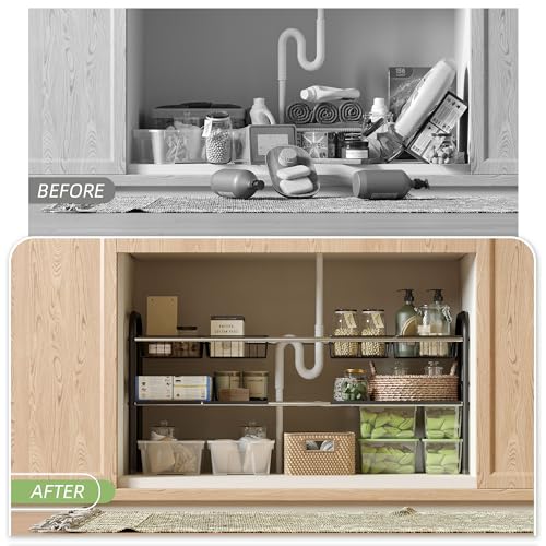 NETEL Under Sink Organizers and Storage, 2 Tier Expandable Under Cabinet Organizer Shelf with 4 Baskets and 4 Panels, Expandable Shelf for Cupboard, Kitchen, Bathroom, Shoe Storage Rack - size: 4 Panels and 4 Baskets