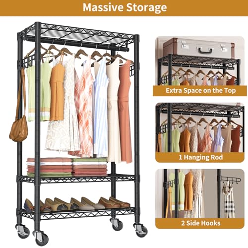 Heavy Duty Clothes Rack Rolling Garment Rack,3 Tier Adjustable Wire Shelving Clothing Racks for Hanging Clothes with Hanger Rod&Side Hooks,Freestanding Wardrobe Storage Rack Metal Portable Closet - color: Black3, size: 15.75"D x 23.5"W x 72.45"H