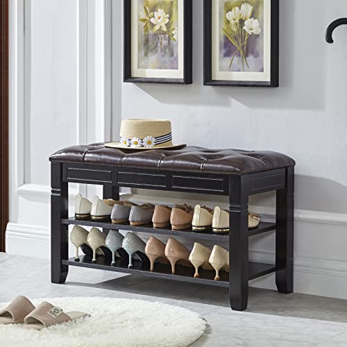 LEILISI Shoe Bench, Storage Rack Organizer with Cushion 2 Tier Lift Top Shoe Rack for Entryway Living Room Bedroom Hallway Wooden Furniture (Black, 31.5'') - color: Black, size: 31.5