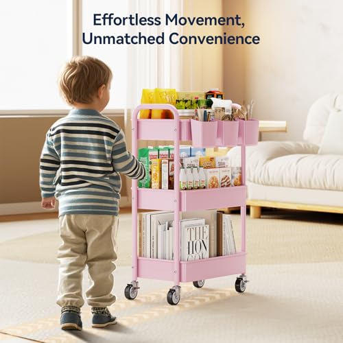 YASONIC 3-Tier Metal Rolling Cart, Heavy Duty Utility Cart with Lockable Wheels, Hanging Cups, Hooks, Mesh Rolling Storage Cart Craft Organizer, Lightweight and Sturdy, Pink - color: Pink