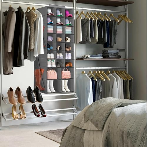 Hanging Shoe Organizer for Closet, Closet Hanging Shoe Storage Rack Holder Shelves,Collapsible Shoe Closet Organizers and Storage with 4 Large Side Pockets,25 Sections for Shoes,Hats,Clothes(Gray) - style: 3-Column Hanging Organizer