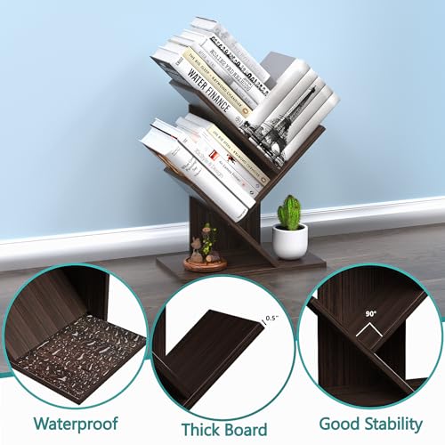 R RUISHENG 3 Tier Small Tree Bookshelf Desk Book Organizer Narrow Bookcases for Books Magazines CDs Free Standing Retro Wooden Storage Shelves for Home Office Bedroom Living Room Dark Walnut - color: Dark Walnut