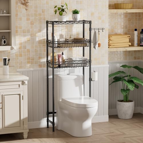 Golpart 3-Tier Over-The-Toilet Storage Shelf,Heavy-Duty Adjustable Bathroom Rack with 2 Mesh Baskets,Toilet Paper Holder & Hooks,Space-Saving Organizer for Bathroom,10”D x 24”W x 66”H,Black - size: Black with Baskets-10"D x 24"W x 66"H