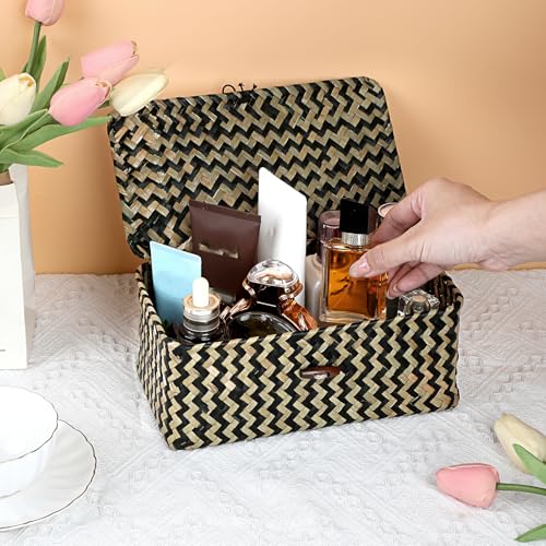 Hipiwe X-small Wicker Basket with Lid Natural Seagrass Storage Baskets Box Handwoven Household Organizer Box Multipurpose Woven Storage Basket for Shelf Closet,Black - color: Black, size: X-Small