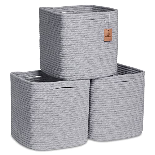 NaturalCozy Storage Cubes 11 Inch Cotton Rope Woven Baskets for Organizing, 3-Pack | Cube Storage Bin | Square Storage Baskets for Shelves Organizer, Classroom, Kids Toy Bins, Closet, Baby Nursery - color: Gray