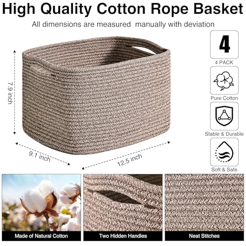 ICERZCZ Storage Baskets for Shelves Organizing, Woven Cotton Rope Baskets for Storage, Book Basket, Decorative Shelf Basket, 12.5"Lx9.1''Wx7.9''H (4 Packs) Dark Brown - color: Dark Brown, size: 12.5"(l)×9.1"(w)×7.9"(h)