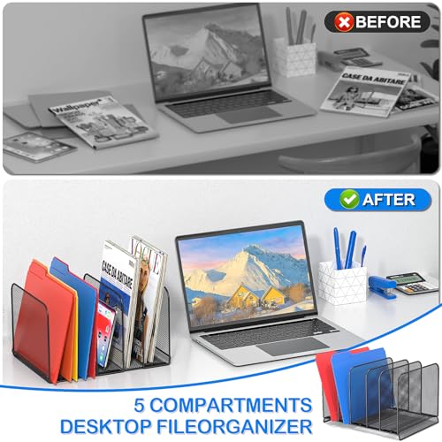 TOPCJ 5 Sections Desk File Holder/Rack/Sorter,Mesh File Organizer,File Folder Organizer,Metal Upright Desktop Organization for Documents,Magazine,Kitchenware,Antiskid,Antirust,Sturdy,2 Packs - style: 2 Packs
