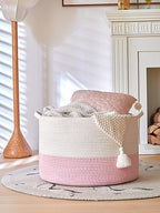 R RUNKA Extra Large Cotton Rope Basket 22" x 14"| Toy Basket - color: White & Pink