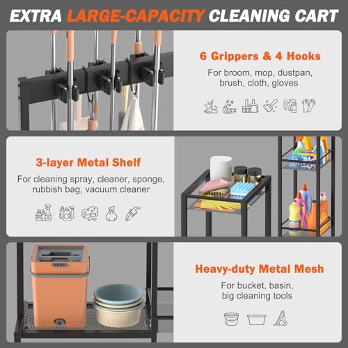 Broom Holder with Cleaning Supplies Organizer, Broom Closet Storage Cabinet with Cleaning Caddy, Cleaning Cart with Mop Hanger Gripper Rack Hooks,Janitorial Cart,Utility Carts Household Essentials - size: Medium
