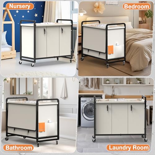 60 Gal (230L) Laundry Sorter 3 Section with Lid, Laundry Hamper Cart with Heavy Duty Rolling Lockable Wheels and Metal Handle,Laundry Basket Organizer with Removable Bag for Laundry Room - White
