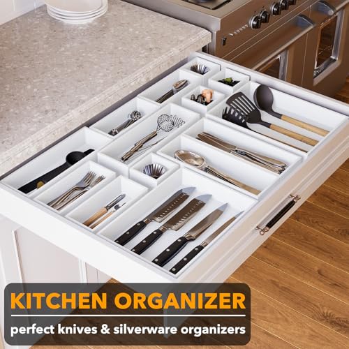SpaceAid 14-Piece Bamboo Drawer Organizer Storage Boxes Set, Wood Tray Junk Drawer Organizers Multi-Use Divider Bins for Kitchen, Bathroom, Office Desk and Makeup Organization (14 Pack, White) - color: White