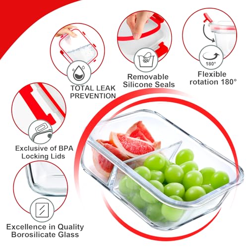 VERONES 5 Pack Glass Meal Prep Containers 2 Compartment Set, 36OZ Airtight Glass Lunch Containers, Glass Food Storage Containers with Lids, for Microwave, Oven, Freezer & Dishwasher Friendly,Red - color: Red