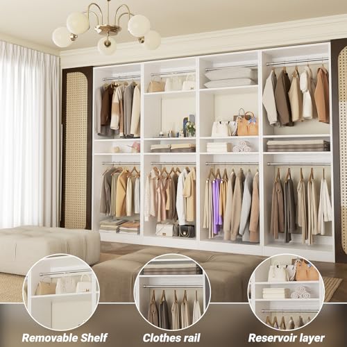 Unikito 100” Closet System, 8.3FT Wood Closet Storage Organizer with 8 Hanging Rods, Adjustable Large Walk in Wardrobe Closet Tower, Sturdy Clothes Garment Rack, Easy Assembly, Set of 4, White - color: White, size: 100 Inch