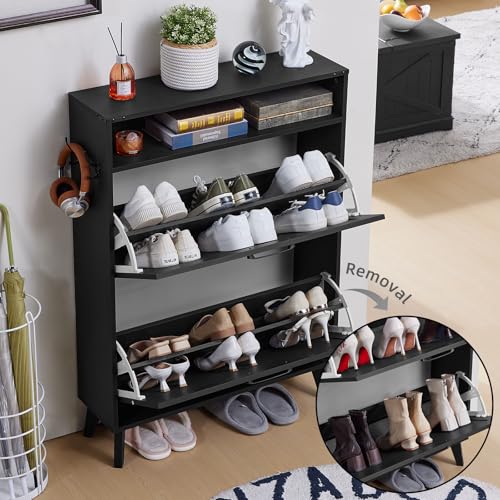Joaxswe Shoe Cabinet Storage for Entryway with 2 Flip Drawers 2 Hook Open Storage Layer Rack Narrow Organizer Slim Hidden Wood Shoe Cabinet Furniture Black - color: Black