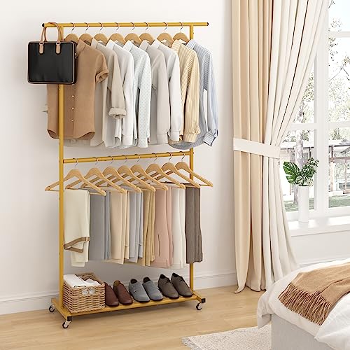Sywhitta Double Rod Clothing Garment Rack, Rolling Coat Hanger with Bottom Mesh, Clothing Rack for Hanging Clothes, Coats, Skirts, Sweaters, Gold - color: Gold, size: With mesh