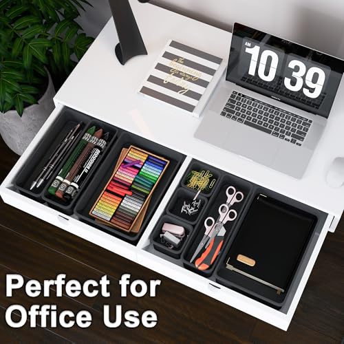 QUELIEN Desk Drawer Organizer Tray Set, 16PCS Plastic Drawer Organizer Bins for Office, Makeup, Kitchen - Gray Blue Desk Organizer with Flexible Interlocking Design for Efficient (Gray Blue, 16PCS)