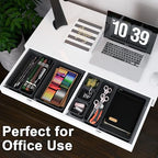 QUELIEN Desk Drawer Organizer Tray Set, 16PCS Plastic Drawer Organizer Bins for Office, Makeup, Kitchen - Gray Blue Desk Organizer with Flexible Interlocking Design for Efficient (Gray Blue, 16PCS)
