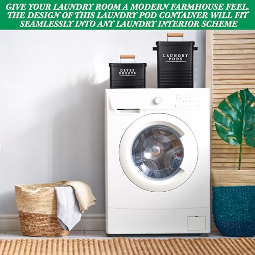 Yaocom 2 Pcs Laundry Pod Container with Dryer Sheet Holder Farmhouse Laundry Room Decor Organization and Storage Detergent Container Box with Lid Handle Metal Dryer Sheet Dispenser(Black) - color: Black