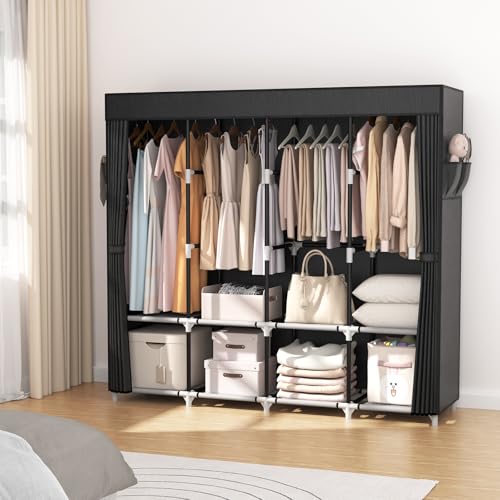 VTRIN Portable Closet for Hanging Clothes 67 Inch Wide Large Capacity Portable Wardrobe Closet with Cover, 4 Storage Shelves and 4 Hanging Rod Sturdy Free Standing Closet for Bedroom, Black - color: Black, size: 4 Row - 67'' Wide