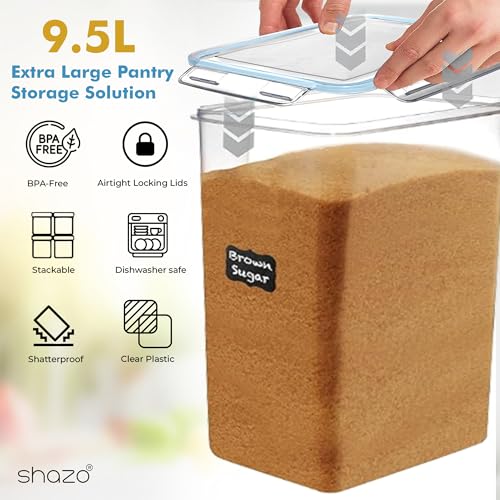 Shazo 2 PC (9.5L | 321 Oz) Extra Large Bulk Food Storage Containers with Airtight Lids for Flour, Sugar, Rice, Cereal & Pasta - Leakproof, BPA-Free Plastic Canisters for Kitchen & Pantry Organization - color: Blue