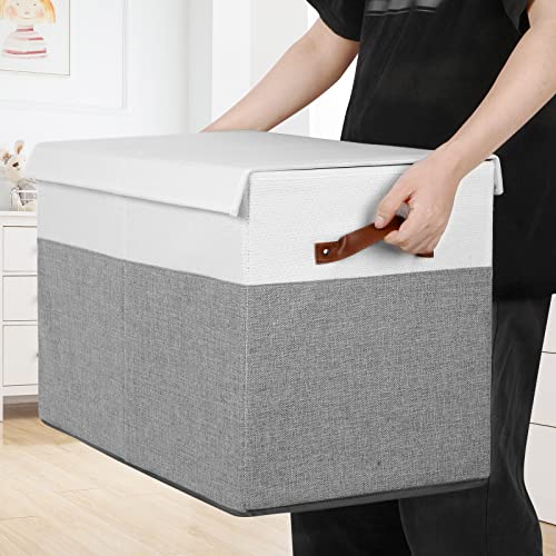 Gowee Large Toy Storage Box with Lid, Sturdy Toys Storage Chest Bin Organizer Basket with Dividers for Kids, Boys, Girls, Nursery, Closet, Bedroom, Playroom 25"x13" x16" (Grey and White) - color: Grey and White, size: 25"x13" x16"