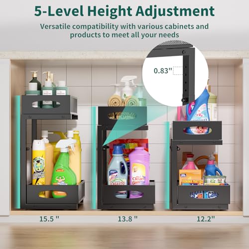 Under Sink Organizer, 2-Pack of 2-Tier Metal Slide Out Pull Out Cabinet Organizer Shelf, Height Adjustable Organization and Storage Series, Bathroom/Desktop/Cabinet/Kitchen Organization, Black - color: Black - Double Pack, size: Standard Version