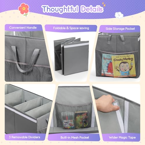 Lewondr 160L Extra Large Toy Storage Organizer with Lid, 40"x16"x16"Collapsible Sturdy Toy box, Toy Chest for Boys Girls, Toybox Storage Bins with 3 Removable Dividers for Living Room, Nursery, Grey