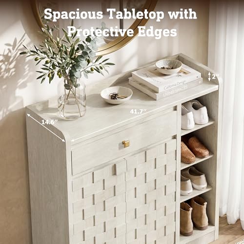 STO'SENSE Large Shoe Cabinet with Doors, 8-Tier Shoe Storage Cabinet with Drawer & 4 Side Cubbies & 5 Adjustable Shelves, 47" Tall Shoe Rack Organizer Cabinet for Entryway, Hallway (White Oak) - color: White Oak
